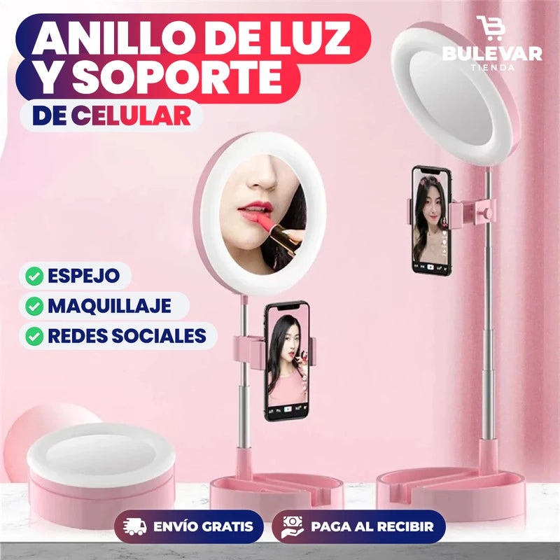 ANILLO DE LUZ CON ESPEJO Y SOPORTE DE CELULAR